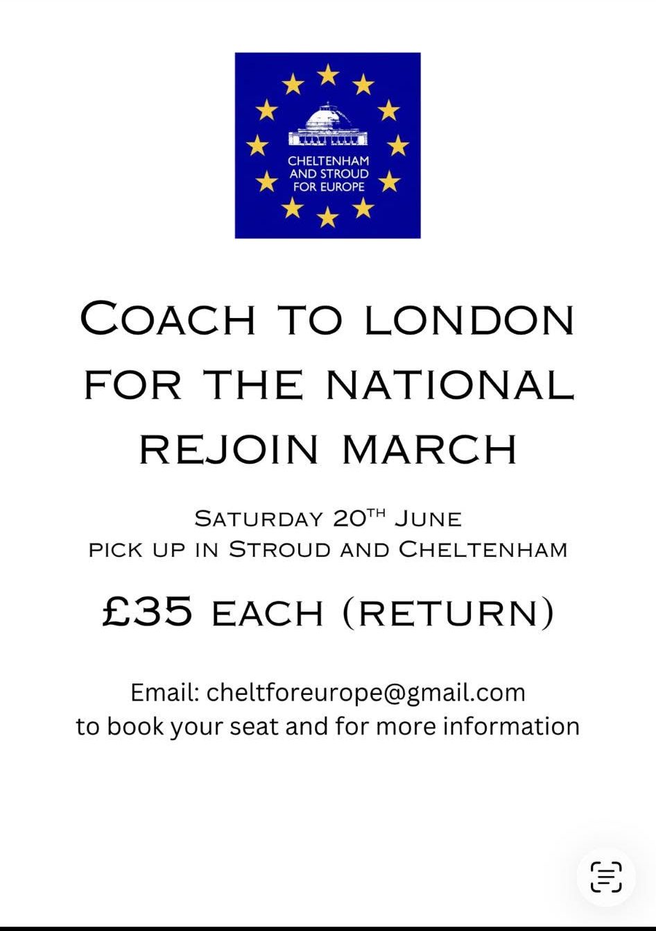 Details for Coach to National Rejoin March 20 June £35 - email cheltforeurope@gmail.com for details.